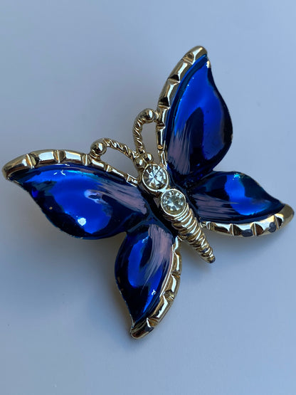Vintage Blue Enamel Butterfly Pin Crystal Rhinestone Accents Brooch