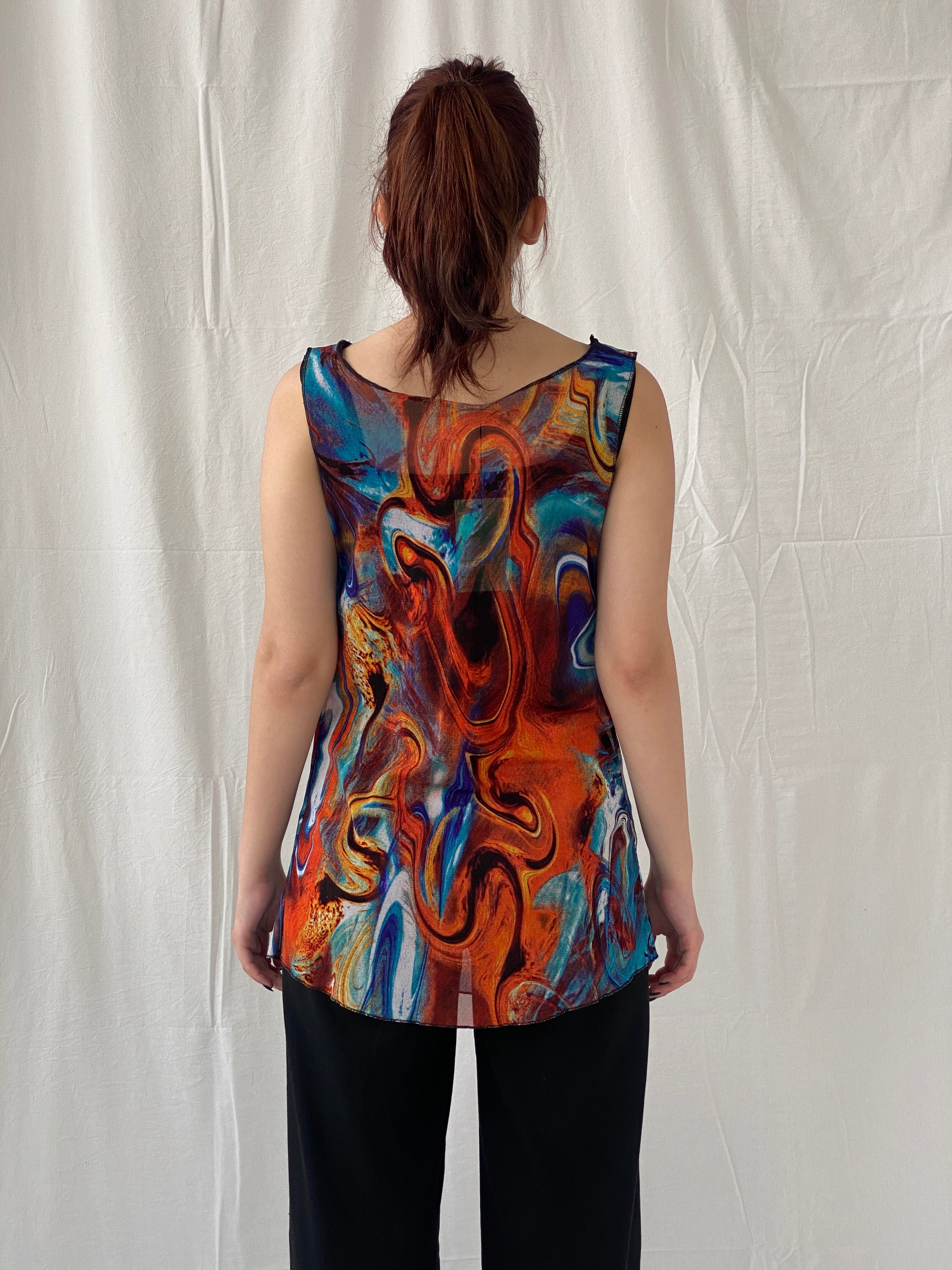 Vintage Y2K Sleeveless Marble Print Mesh Women’s Top - M