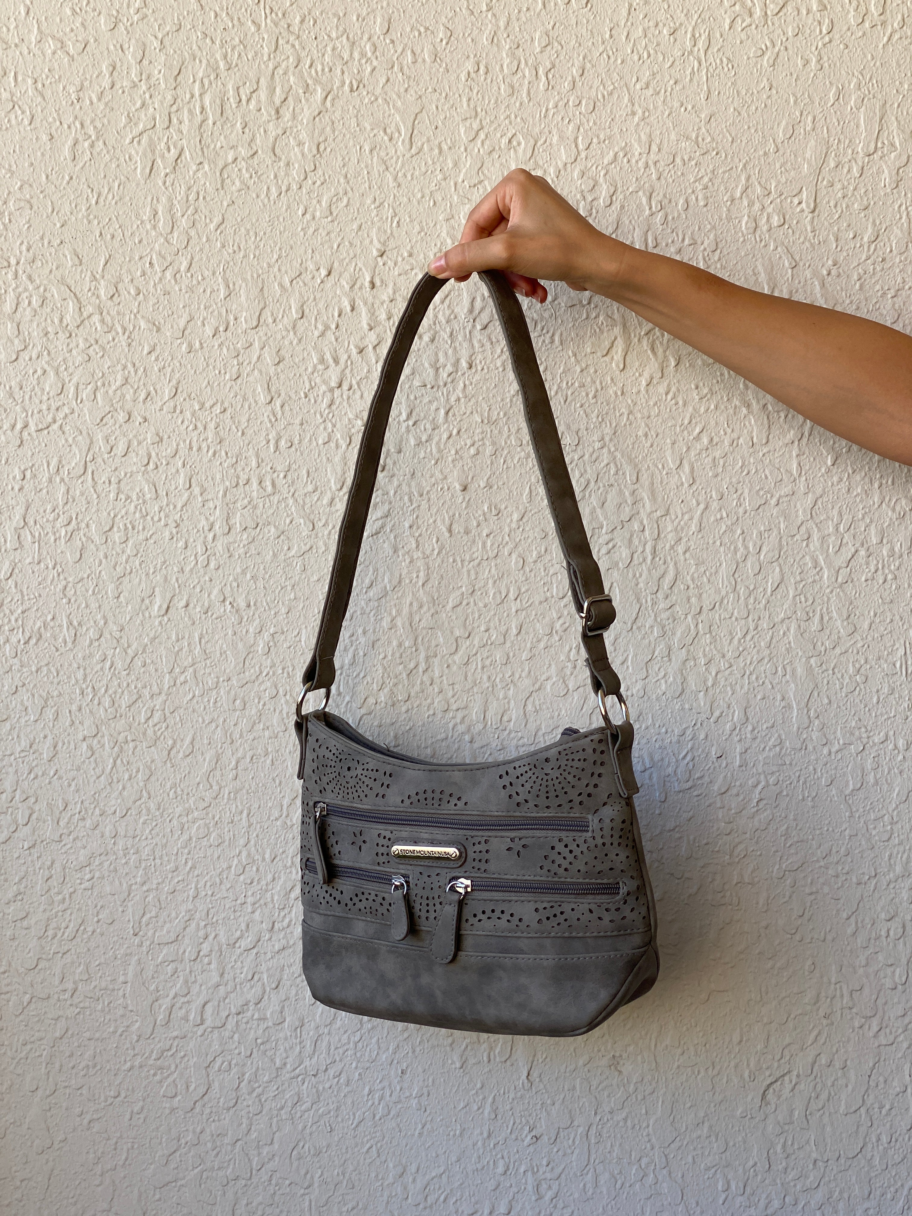 Y2K Stone Mountain USA Grey Perforated Vegan Leather Shoulder Bag