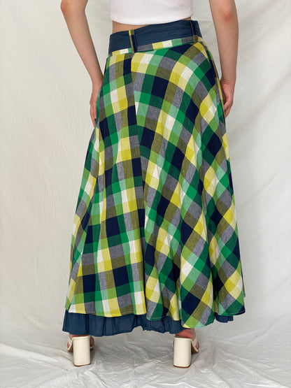 Vintage Passion Green Yellow Plaid Cotton Cottage Core Maxi Skirt - M
