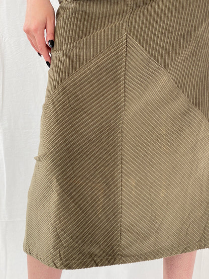 90s Phildar Olive Green Utility Corduroy Midi Skirt - L