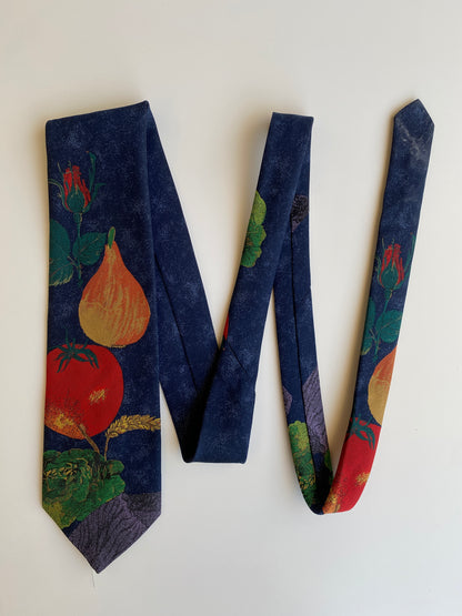 Vintage 1990s Hagelume Samen Zeker Navy Botanical Fruit Print Wide Necktie