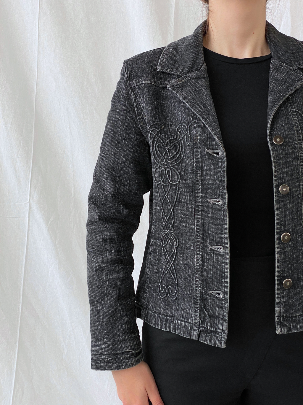 Vintage Minuet Embellished Washed Black Women’s Padded Denim Blazer - L