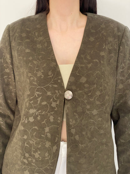Vintage 90s Handmade Olive Green Floral Jacquard Single Button Blazer – L