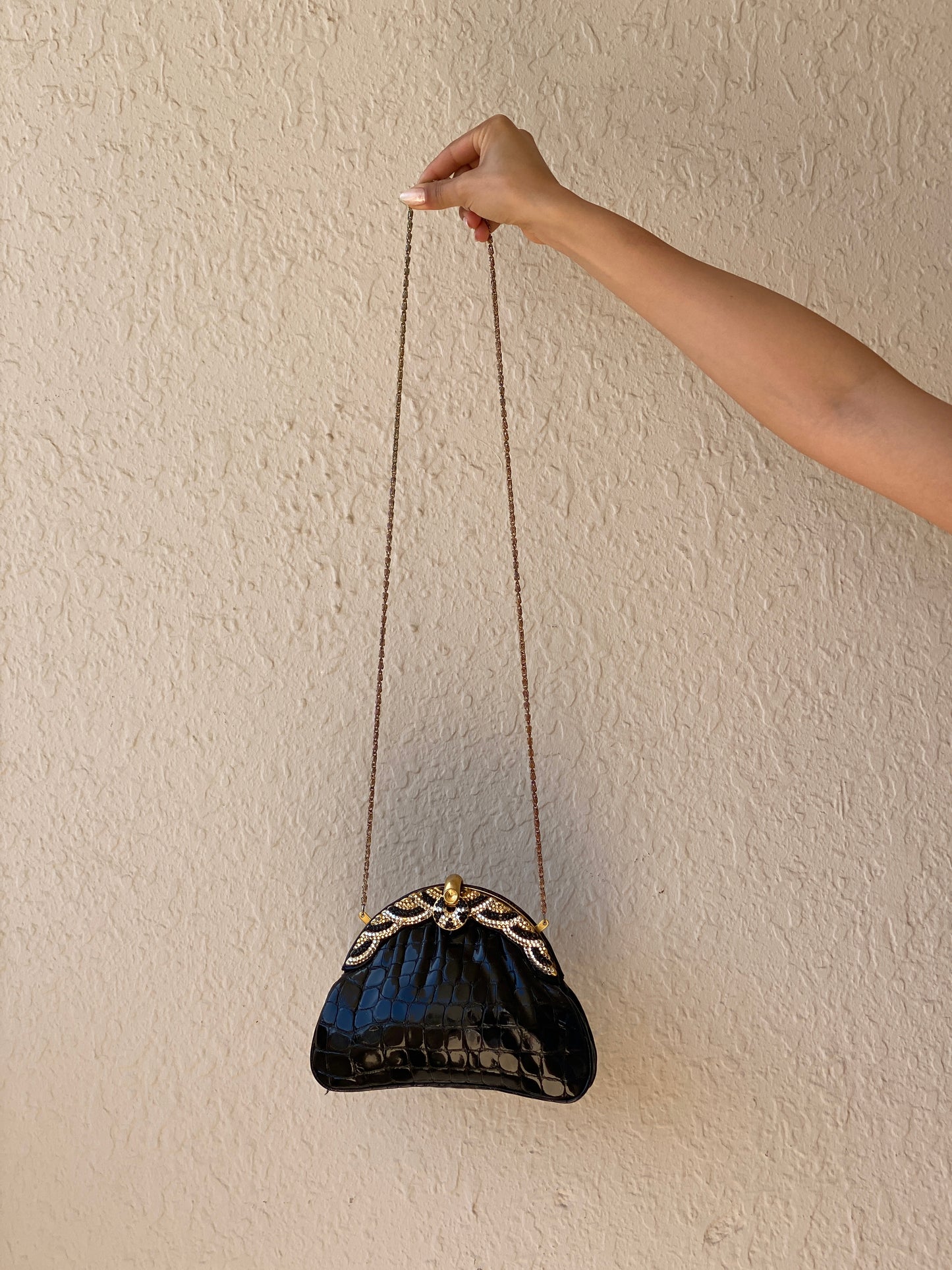 Vintage 1980s Black Croc Embossed Patent Rhinestone Bow Frame Gold Chain Evening Bag