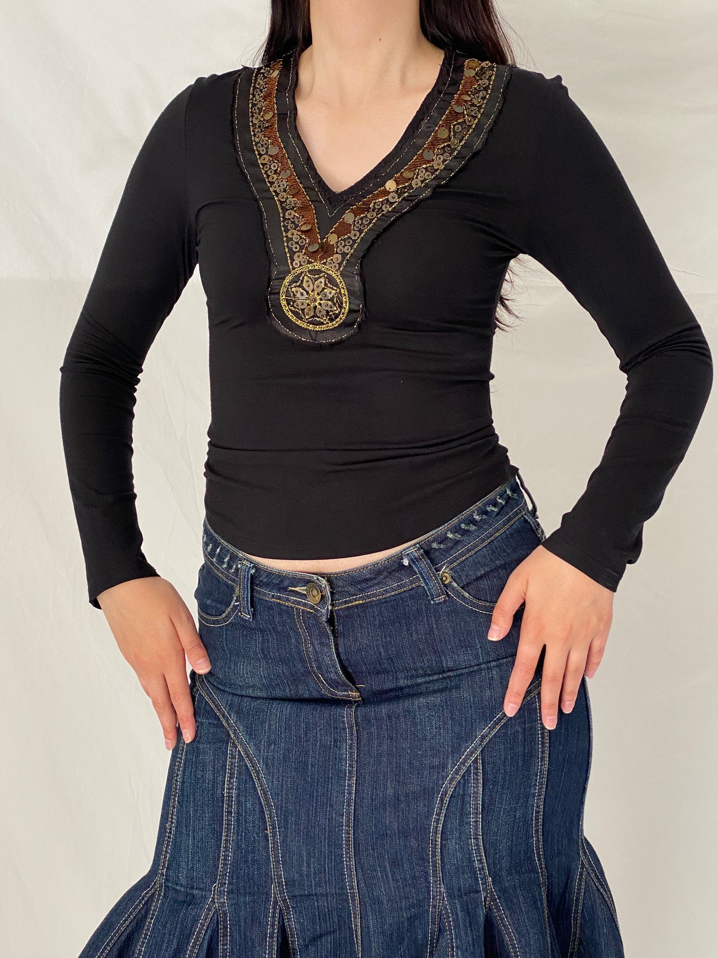Vintage NOTE Black Embellished V-Neck Top Y2K Boho Stretch Long Sleeve Blouse - S