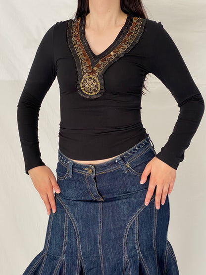 Vintage NOTE Black Embellished V-Neck Top Y2K Boho Stretch Long Sleeve Blouse - S