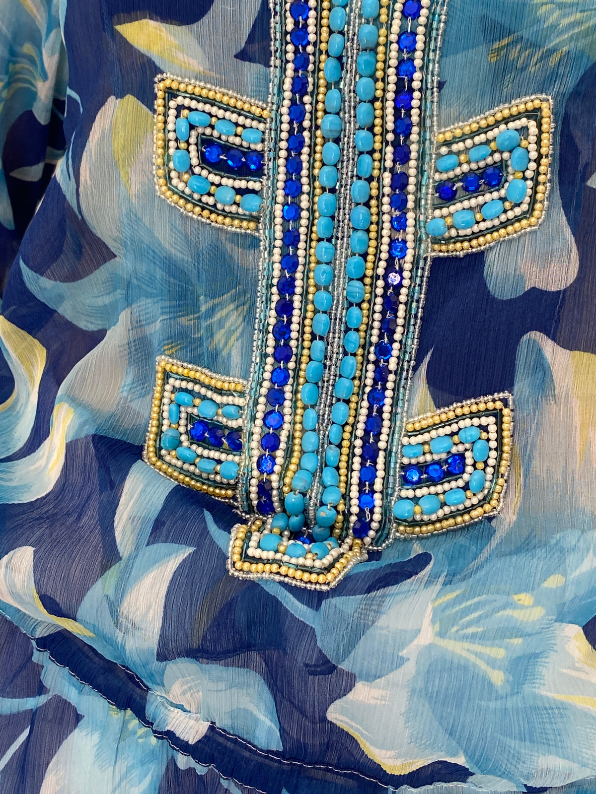 Vintage Y2K Key Lime & Pink Blue Floral Beaded Sheer Boho Tunic Top - L