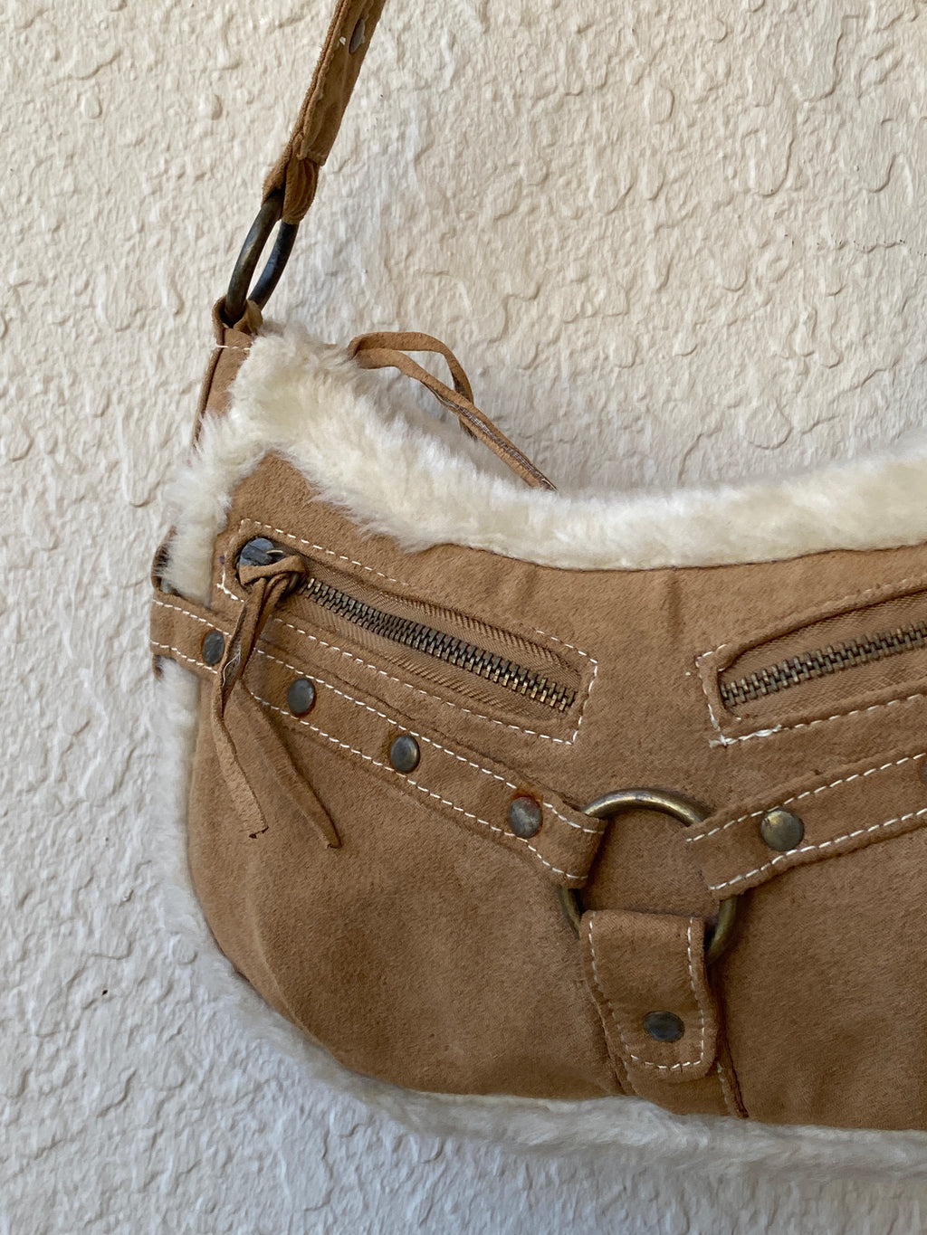 Y2K Shearling Brown Shoulder Bag with Fuzzy Trim & Stud Details Purse