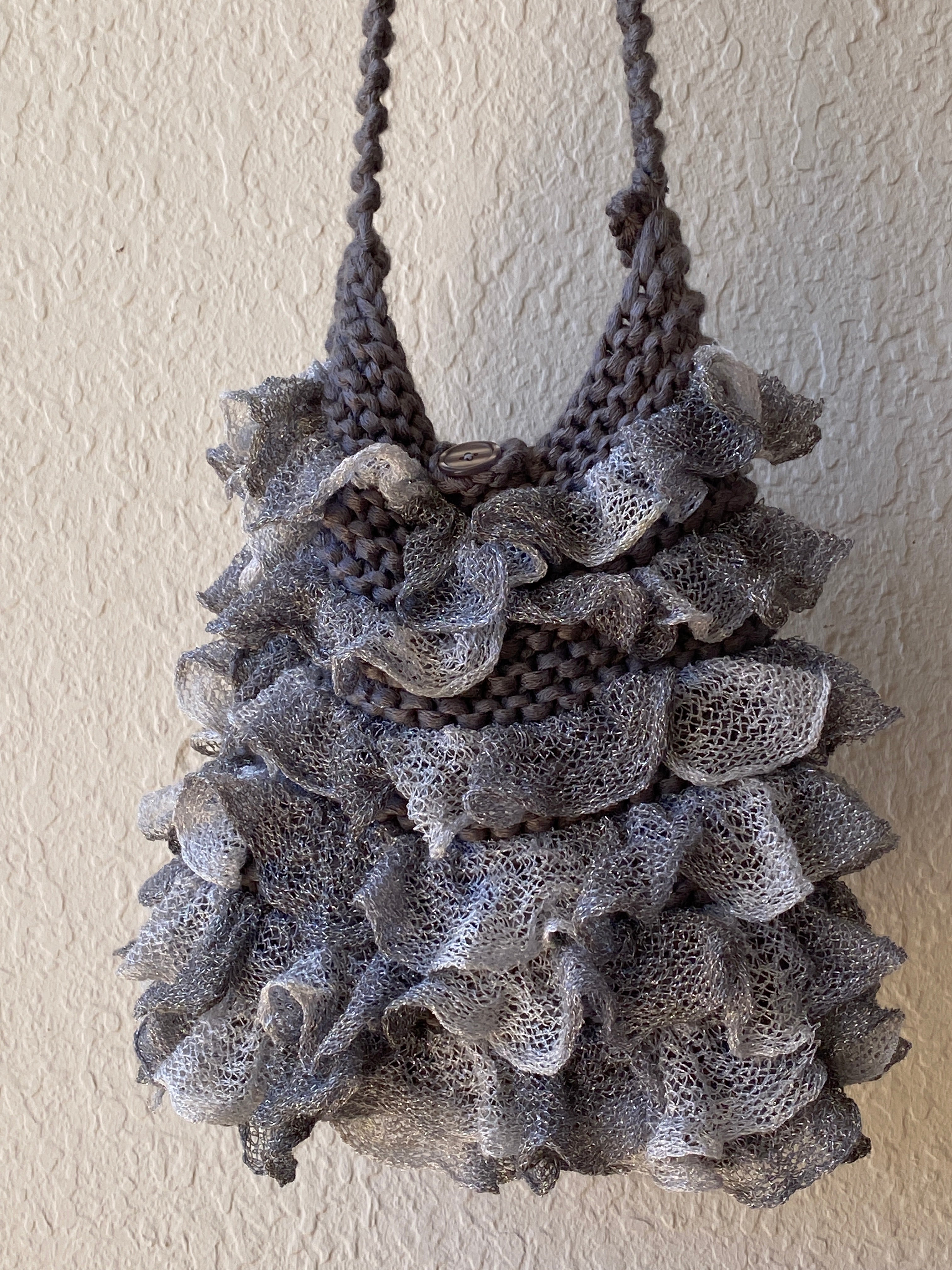 Y2K Ruffled Crochet Shoulder Bag Knitted Gray Whimsy Crossbody Bag