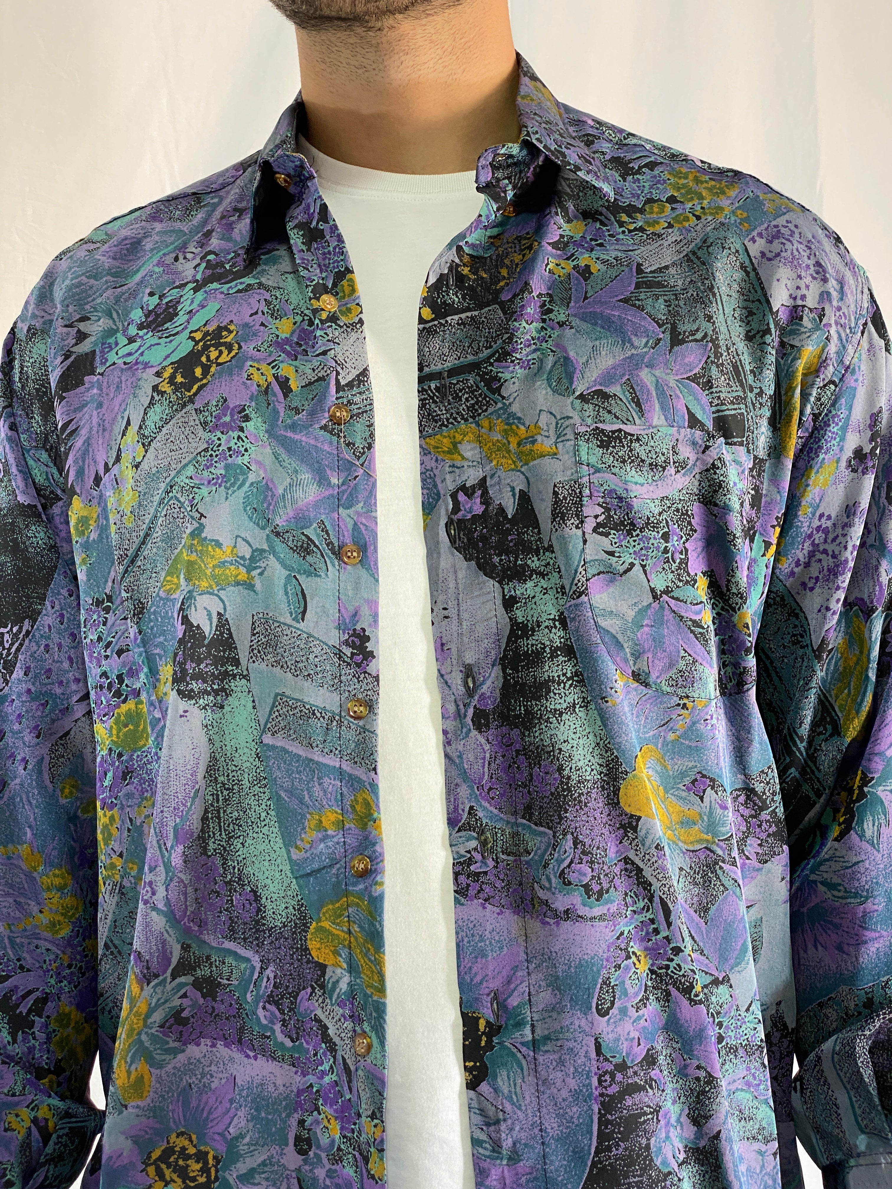 Vintage Purple And Teal Abstract Long Sleeve Floral Men’s Silk Shirt - L