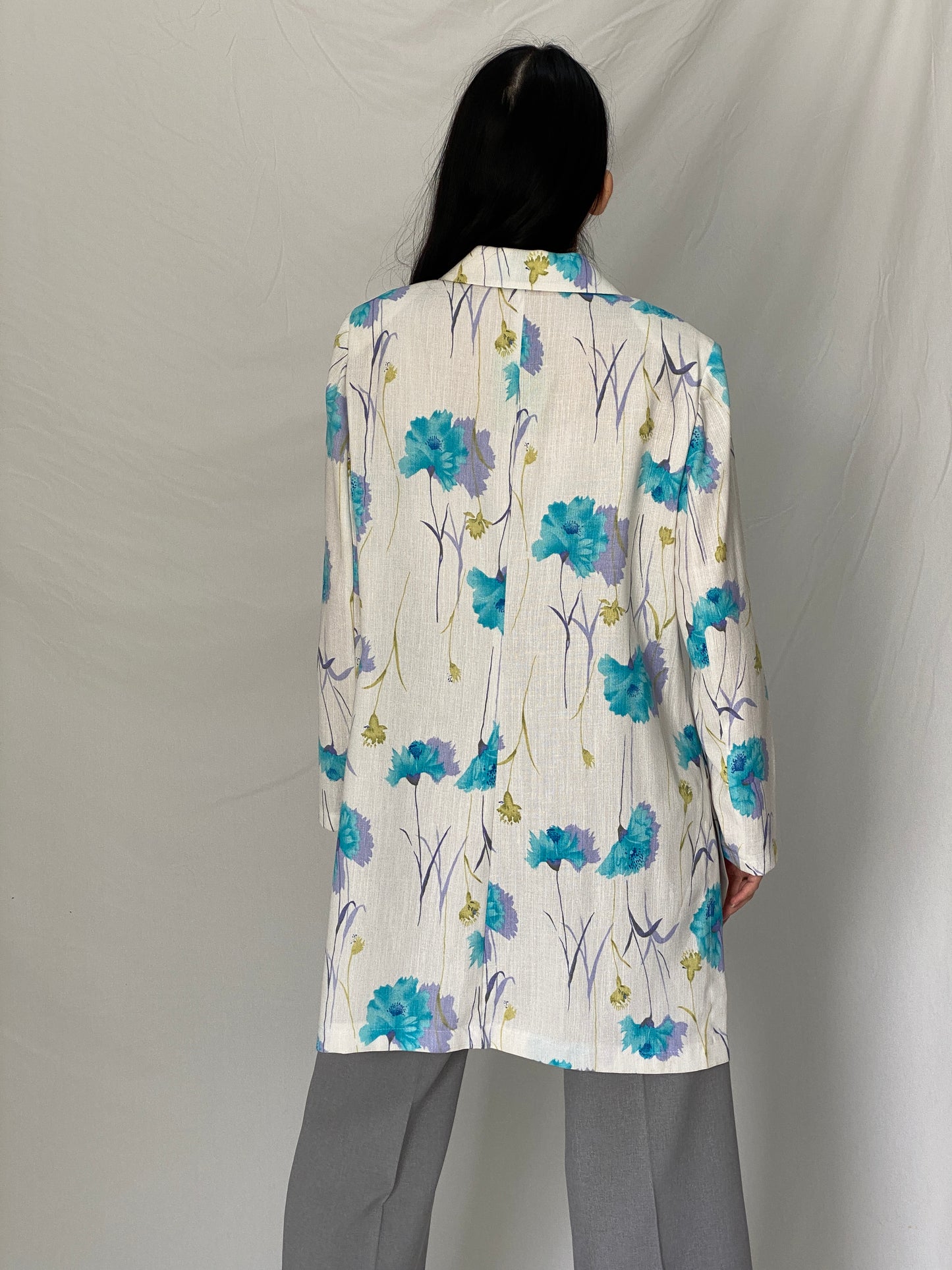 Vintage As Niobe New Line by ASM Floral Long Blazer 90s Blue Botanical Tailored Jacket - M