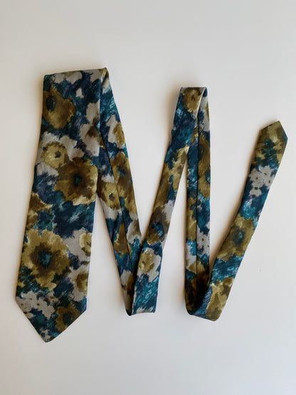 Vintage 1990s Peter von Holland Teal Olive 100% Silk Abstract Floral Necktie