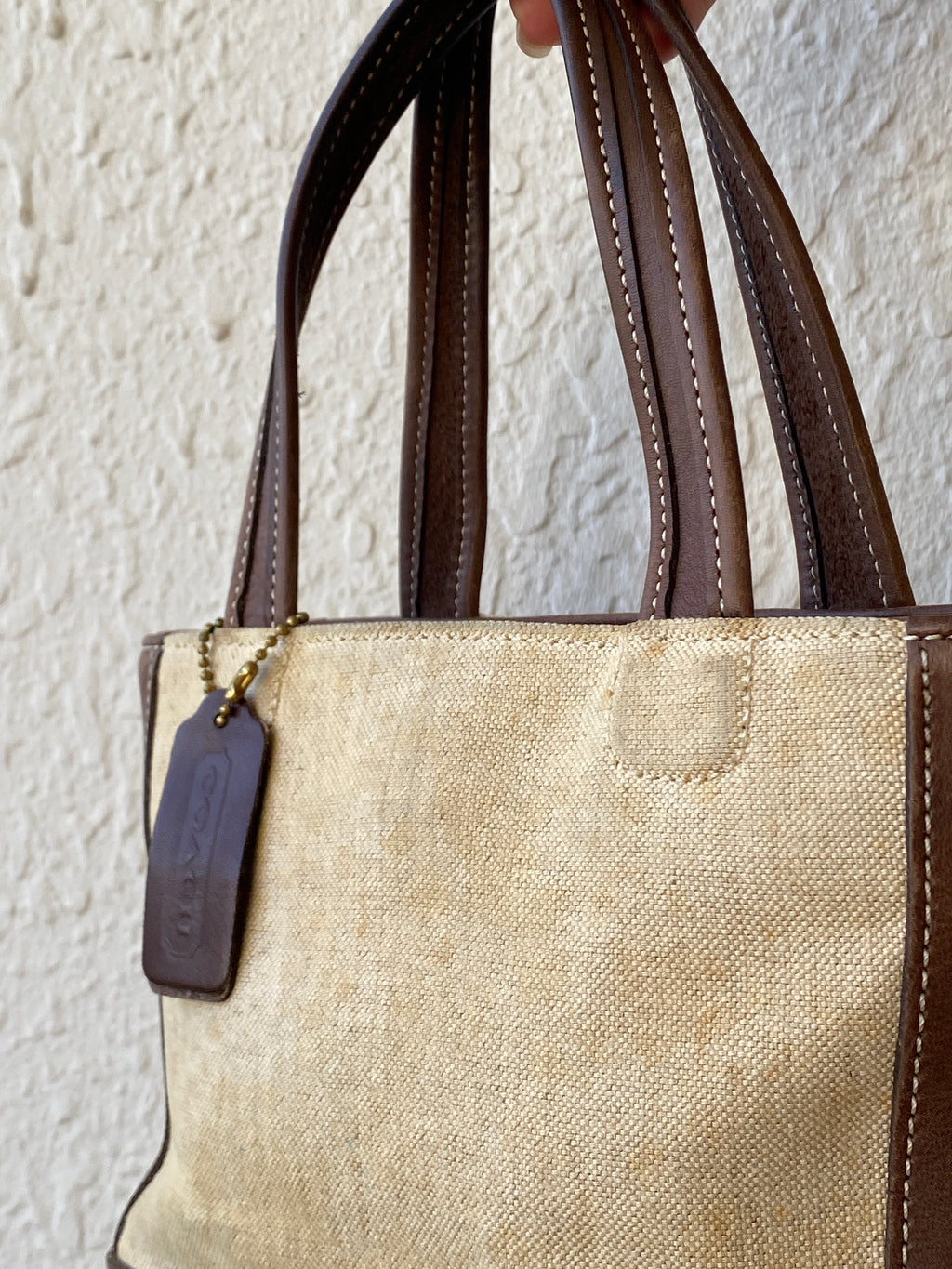 Rare Vintage Coach B9C-6120 Tan Canvas & Brown Leather Small Tote Handbag 90s Mini Satchel Purse