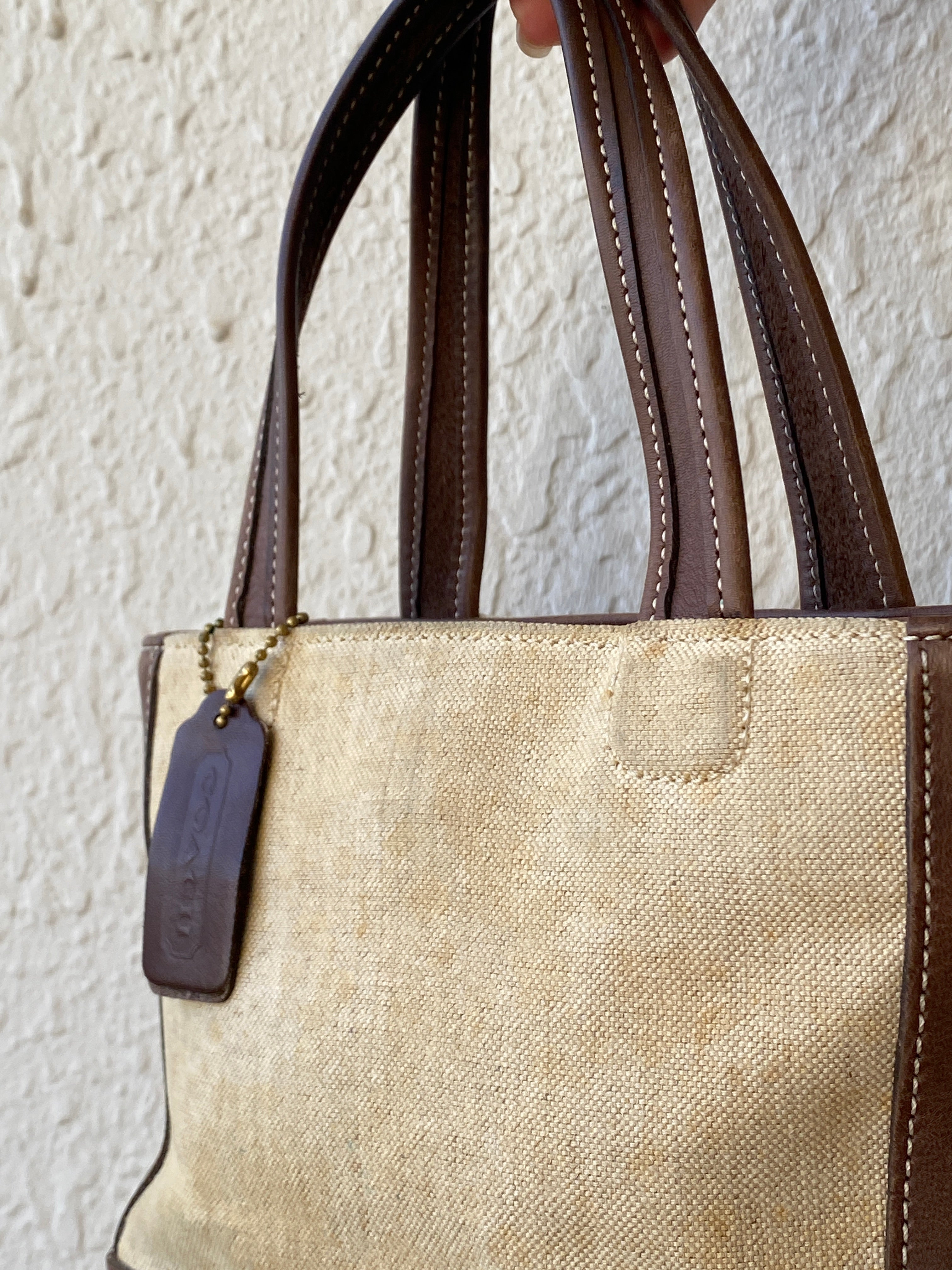 Rare Vintage Coach B9C-6120 Tan Canvas & Brown Leather Small Tote Handbag 90s Mini Satchel Purse
