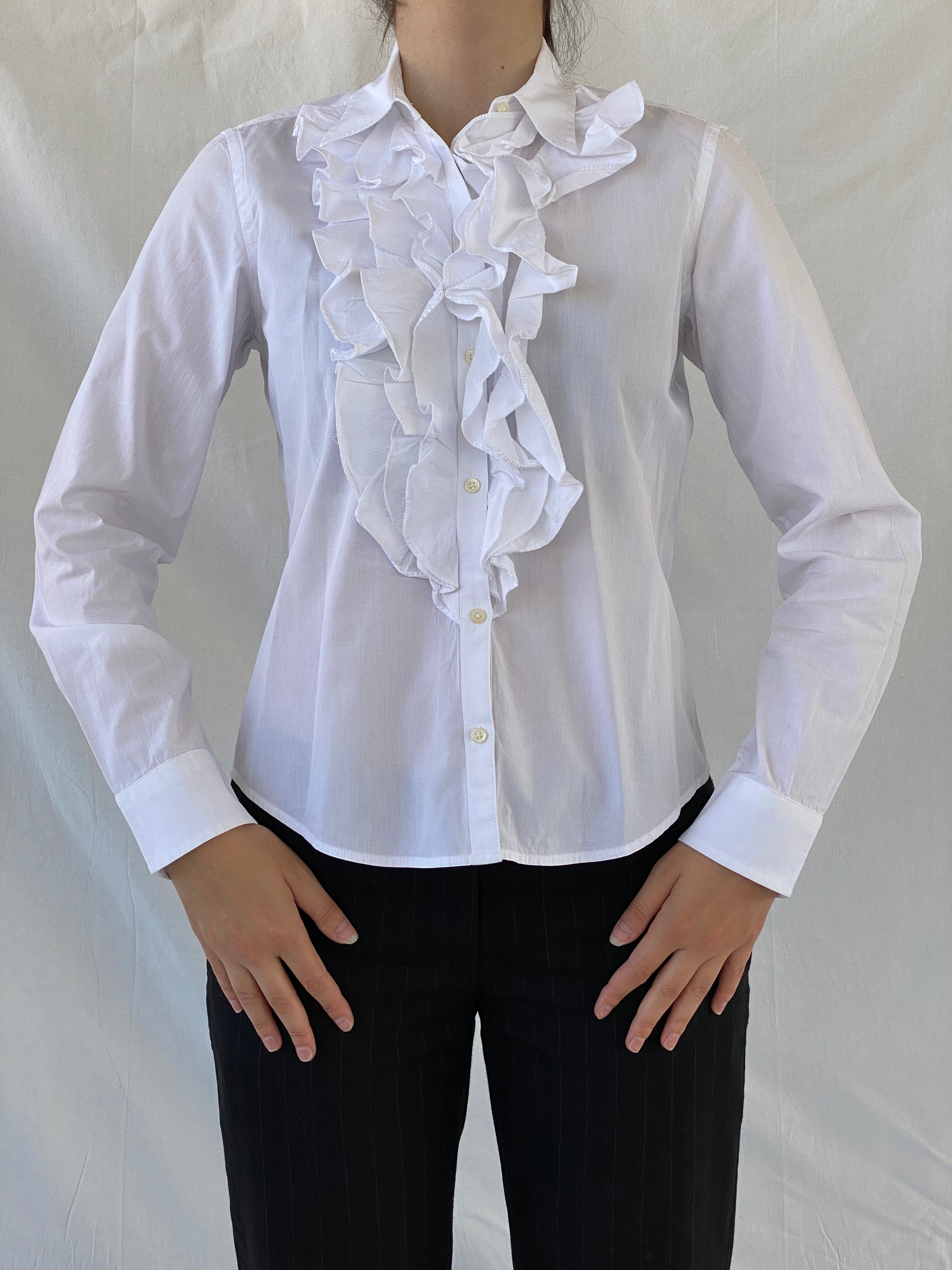 قميص مكتب لورين باي رالف لورين بأكمام طويلة وأزرار وبلوزة بيضاء مكشكشة - مقاس صغير