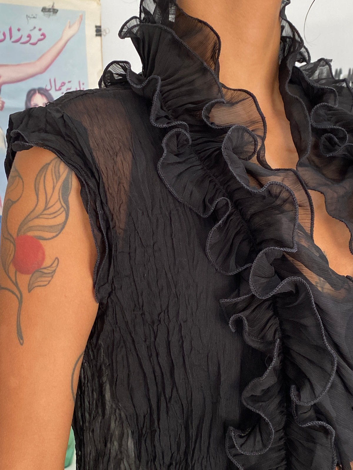 Y2K Emilie Black Sheer Sleeveless Ruffle Cardigan Chiffon Overlay – S Y2K Emilie Black Sheer Sleeveless Ruffle Cardigan Chiffon Overlay – S