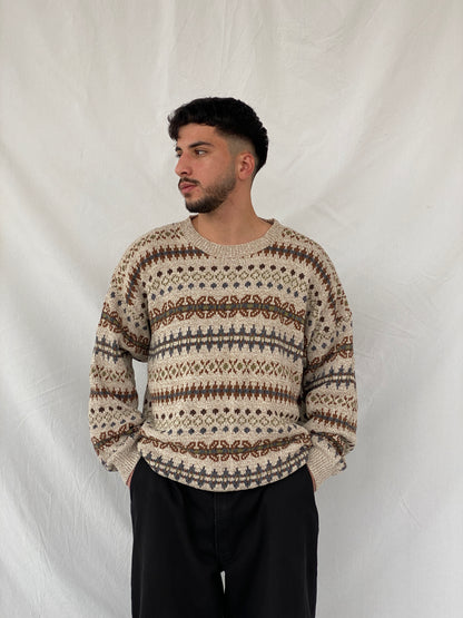 Vintage 90s St. John’s Bay Men’s Cream Western Patterned Knitted Sweater - 3XL