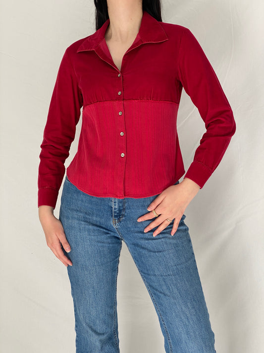 Vintage J.Jill Red Corduroy Corset Panel Shirt Fitted Button-Up Blouse - S