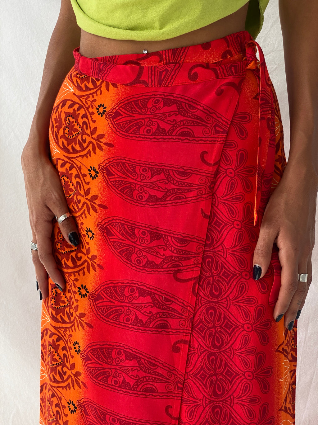 Y2K Wrap Maxi Red & Orange Floral Print Skirt - S