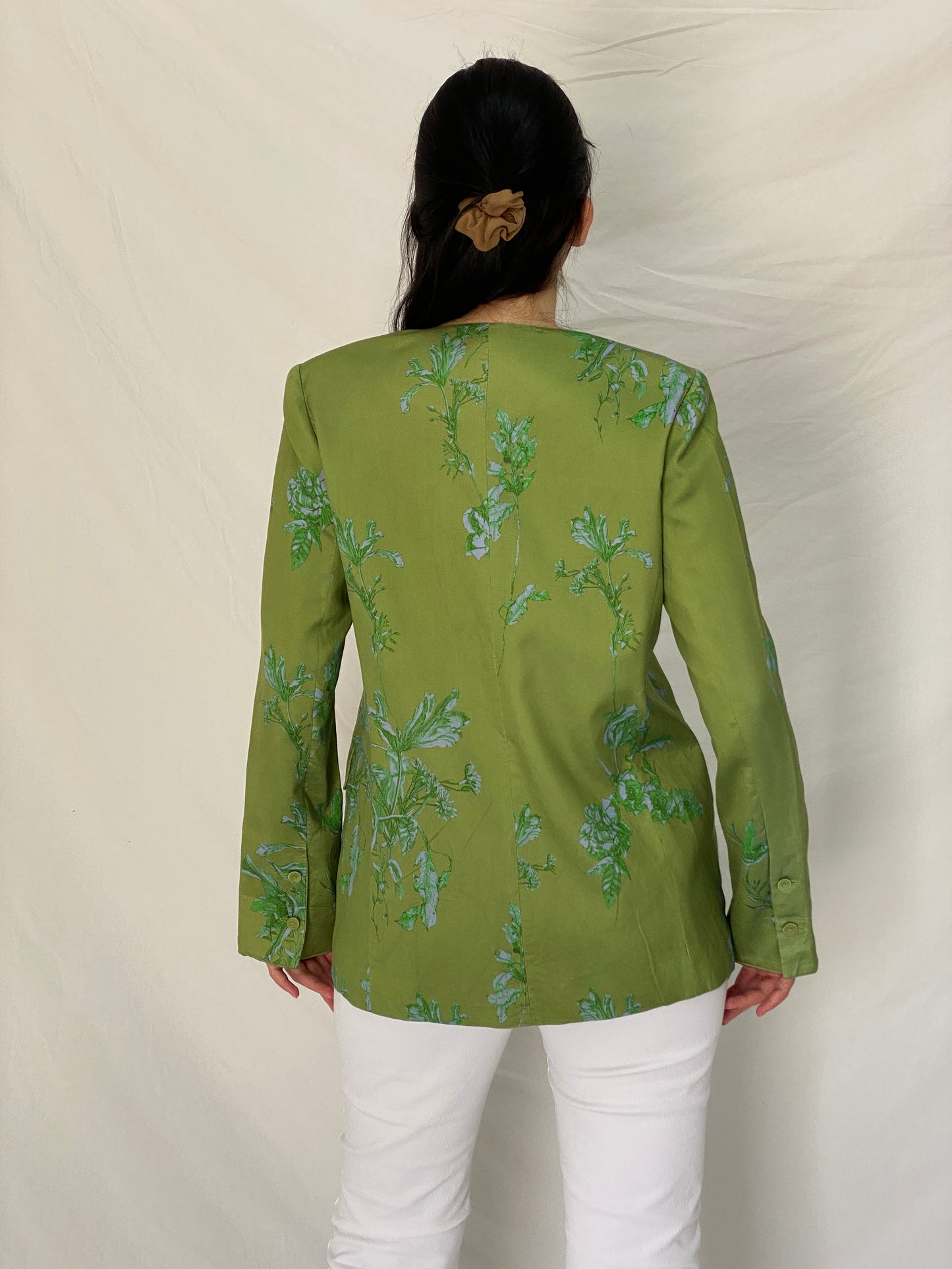 Vintage Y2K Botanical Olive Green & Blue Floral Longline Blazer - L