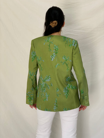 Vintage Y2K Botanical Olive Green & Blue Floral Longline Blazer - L