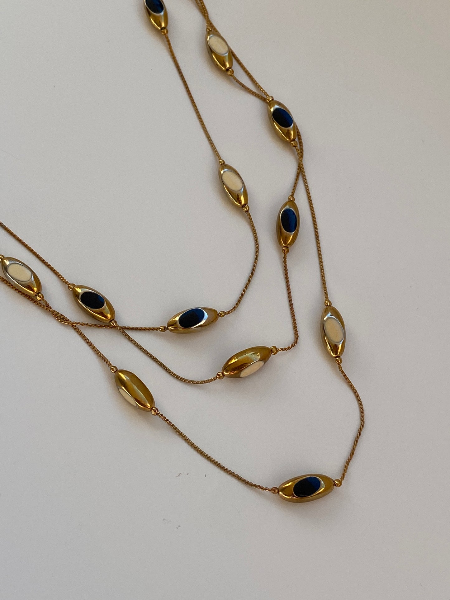 Vintage Y2K Gold-Tone Navy & Ivory Enamel Triple-Strand Long Necklace