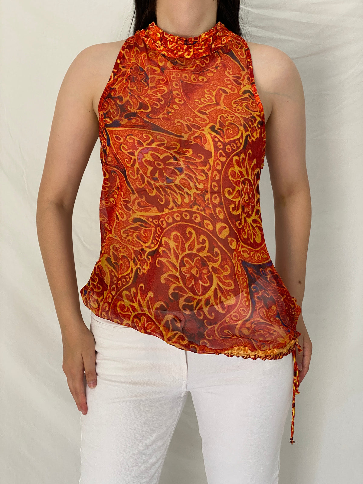 Vintage Y2K Boho Paisley Orange Mesh Halter Top Sheer Printed Sleeveless Blouse - M Vintage Y2K Boho Paisley Orange Mesh Halter Top Sheer Printed Sleeveless Blouse - M