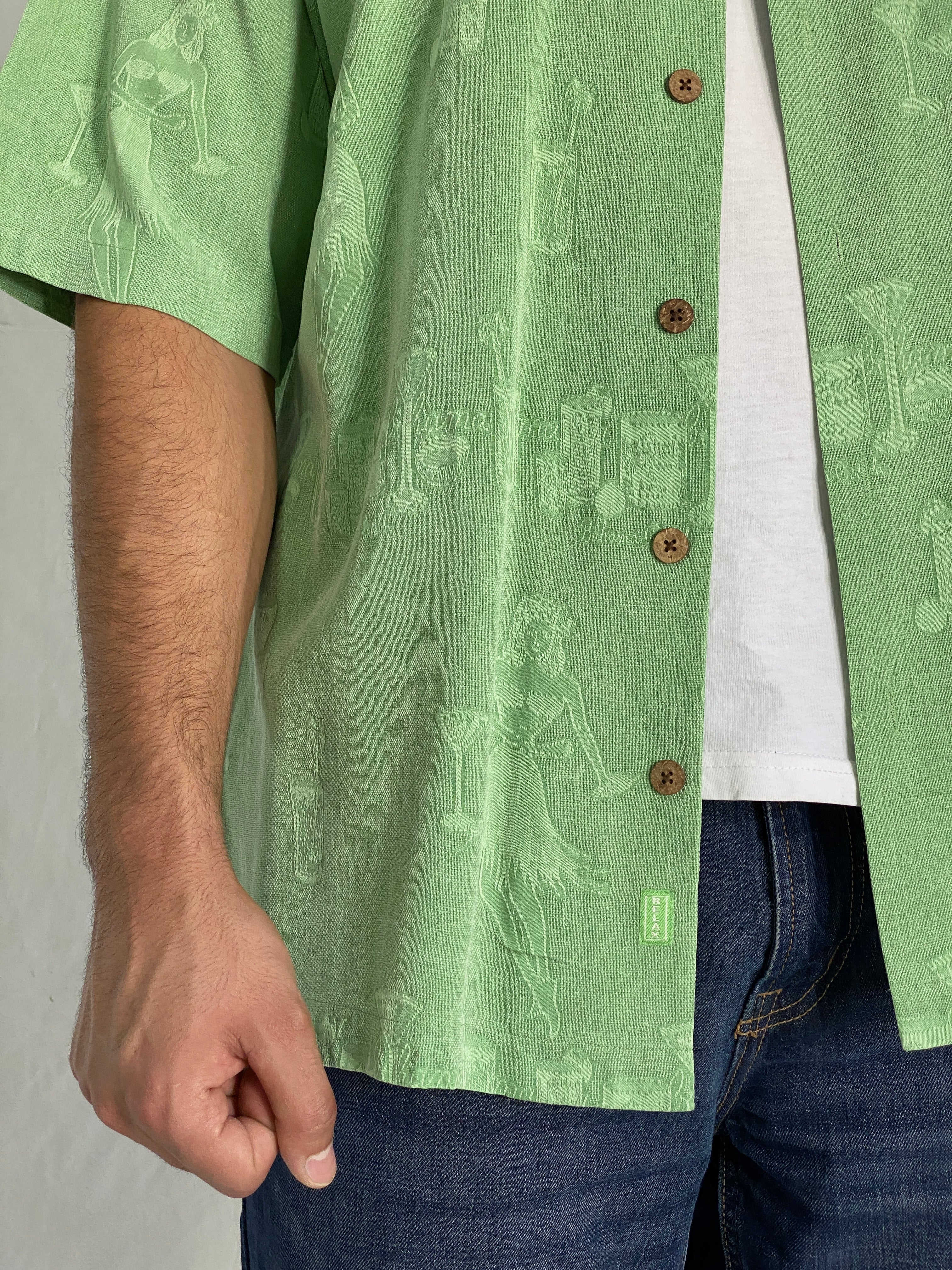 Vintage Tommy Bahama Silk Green Hawaiian Camp Shirt – Cocktail & Hula Print Men’s Shirt - L