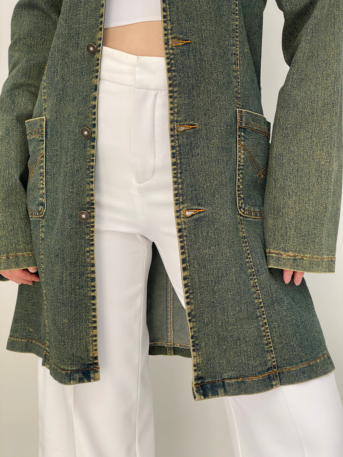 Vintage Y2K C&Y Classic Jeans Olive Blue Cotton Denim Longline Blazer Coat - XL
