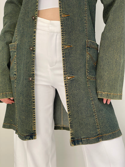 Vintage Y2K C&Y Classic Jeans Olive Blue Cotton Denim Longline Blazer Coat - XL