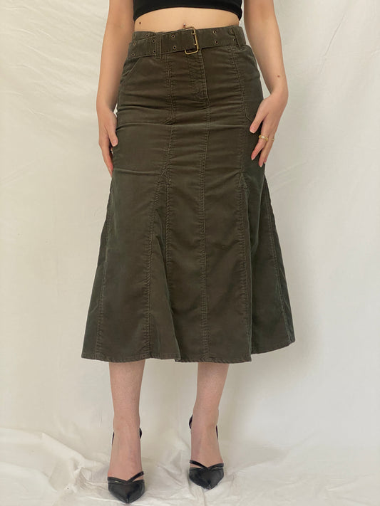 Y2K Yessica Olive Corduroy Midi Belted Panelled A-Line Skirt - S