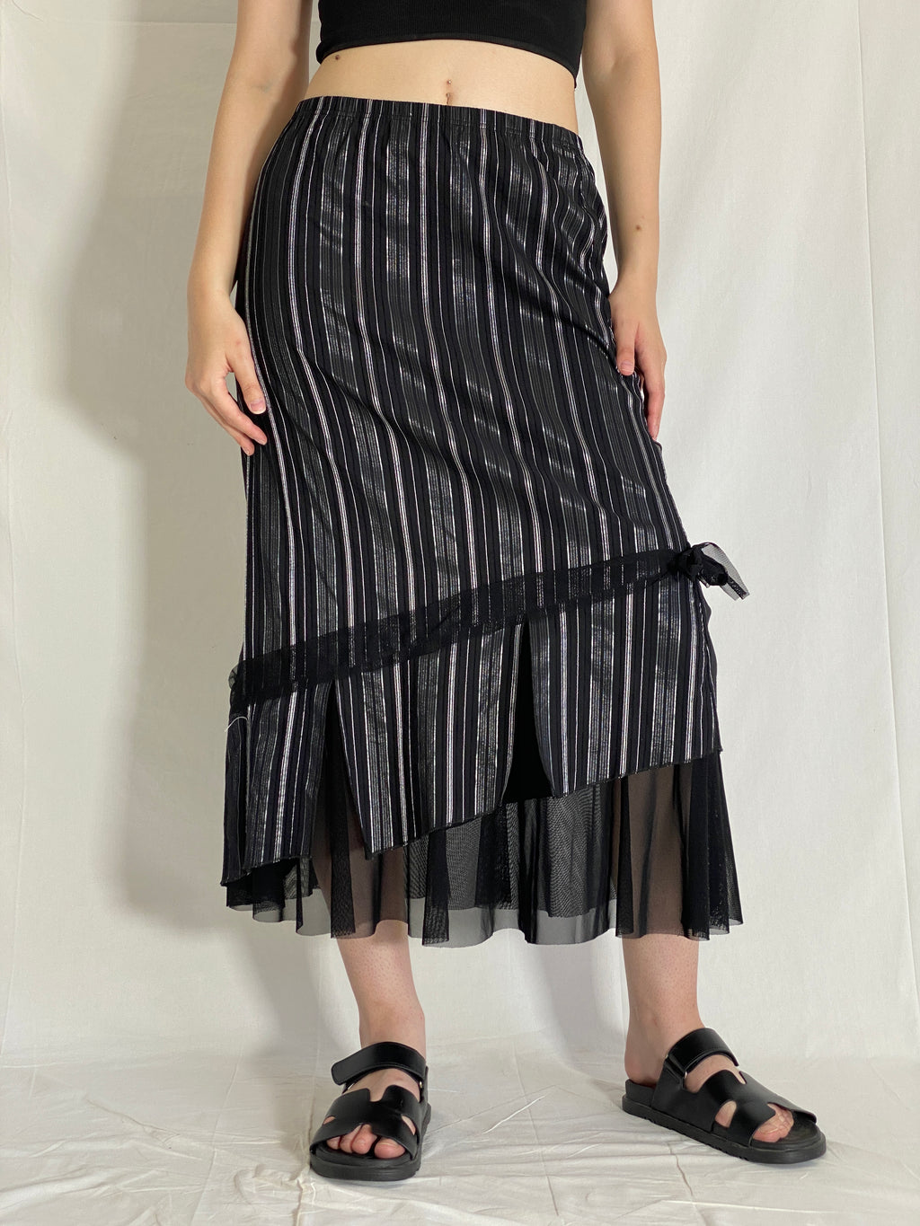 Vintage Wearhouse Black Silver Midi Striped Sheer Mesh Hem Whimsygoth Skirt - M