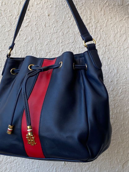 Tommy Hilfiger Navy Blue & Red Drawstring Bucket Shoulder Bag