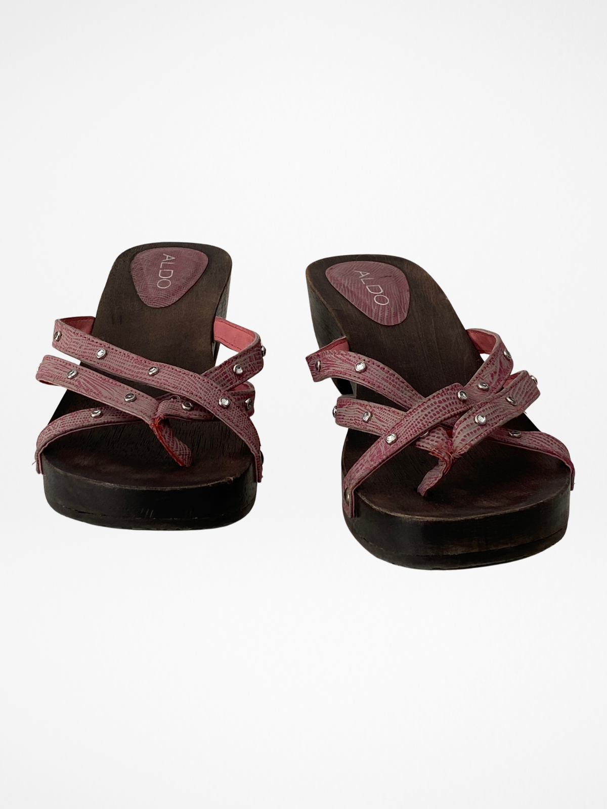Vintage Y2K ALDO Pink Rhinestone Strappy Wooden Clog Sandals - 37 EU Vintage Y2K ALDO Pink Rhinestone Strappy Wooden Clog Sandals - 37 EU