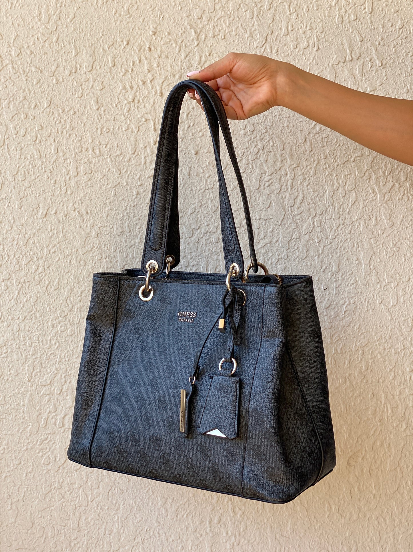 Vintage Y2K GUESS Black Monogram Logo Structured Tote Shoulder Bag