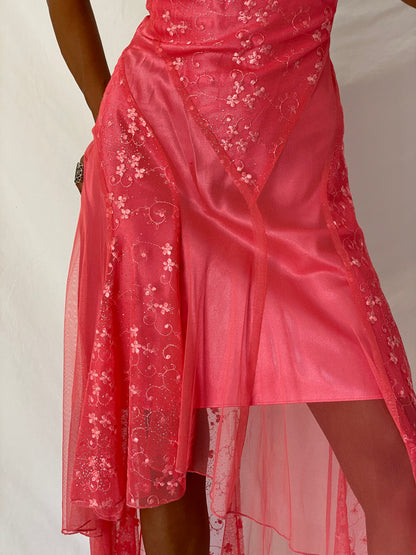 Vintage Y2K Eureka USA Hot Pink Embroidered Glitter Mesh High-Low Dress - XS