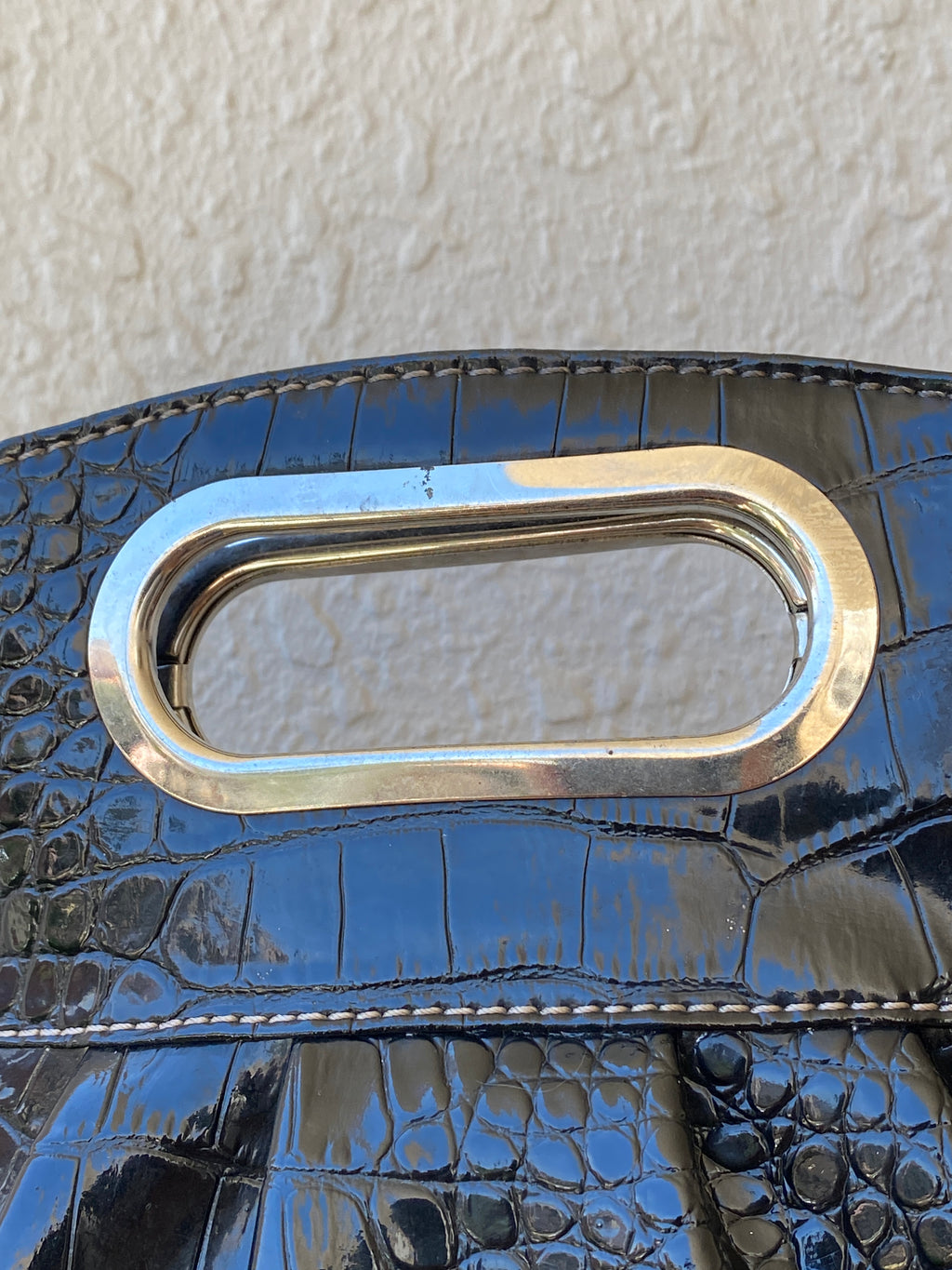 Vintage Nine West Croc-Embossed Faux Patent Leather Black Clutch Bag with Cutout Handle