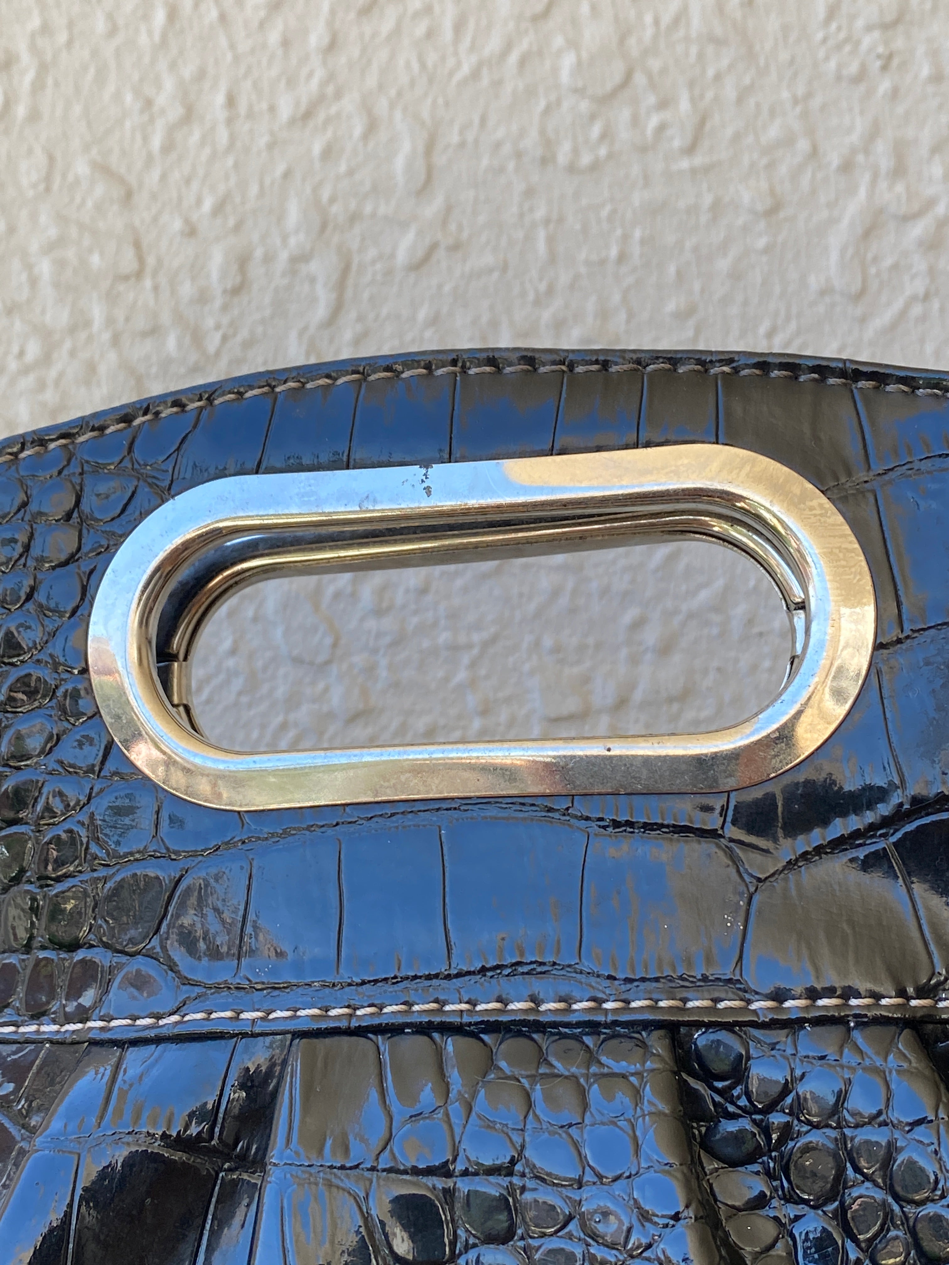 Vintage Nine West Croc-Embossed Faux Patent Leather Black Clutch Bag with Cutout Handle