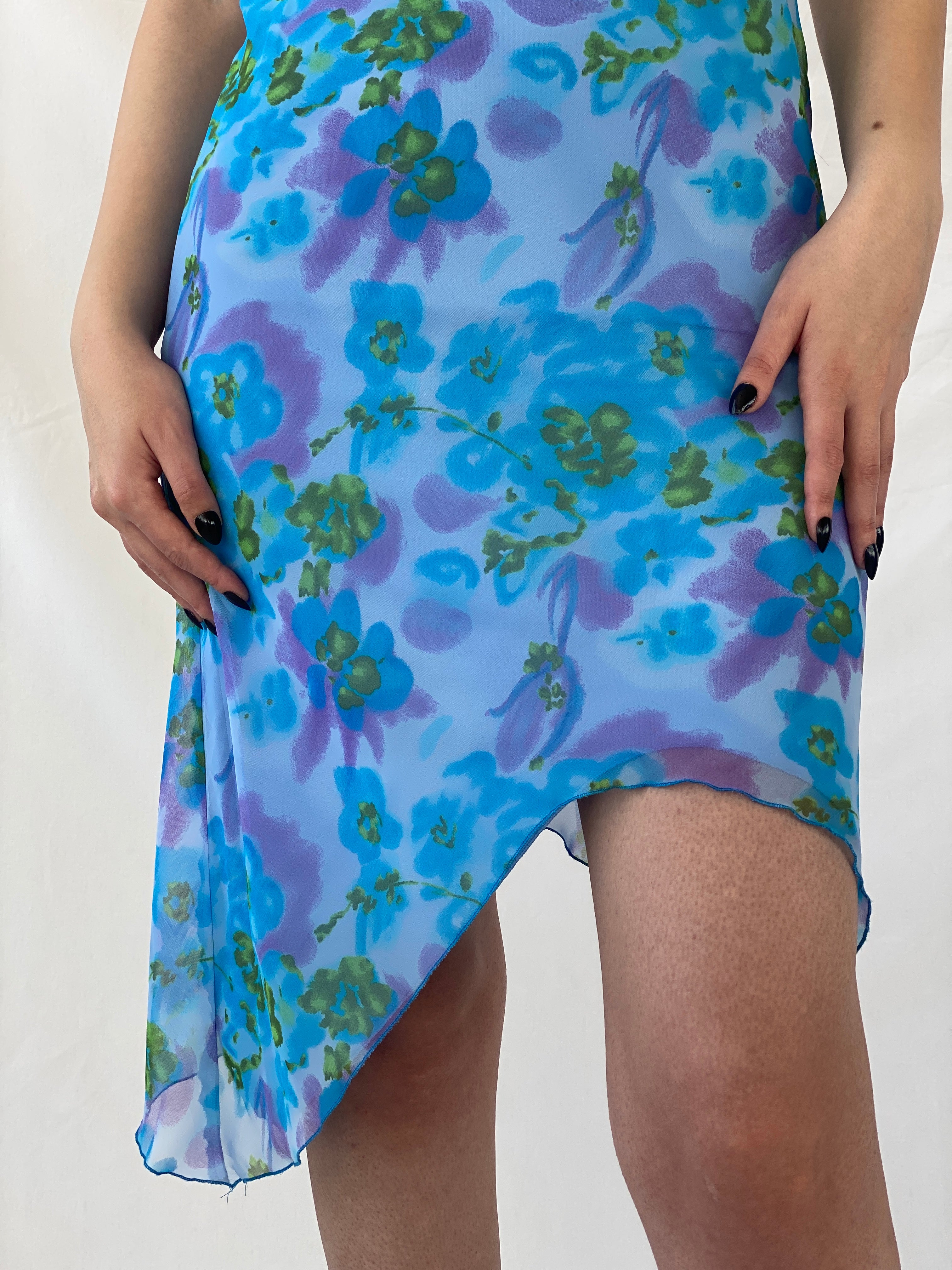Y2K Studio Soleil Blue Floral Midi Asymmetric Hem Dress - S
