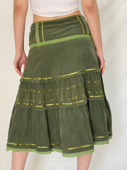 Vintage Y2K Jaune Rouge Paris Olive Green Corduroy Tiered Embroidered Midi Skirt - L