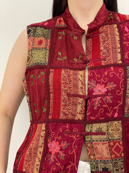 Vintage 90s Coldwater Creek Burgundy Patchwork Embroidered Vest - M