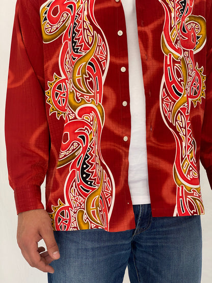 Y2K Drapper Club Tribal Dragon Red Long Sleeve Button-Up Shirt – XL