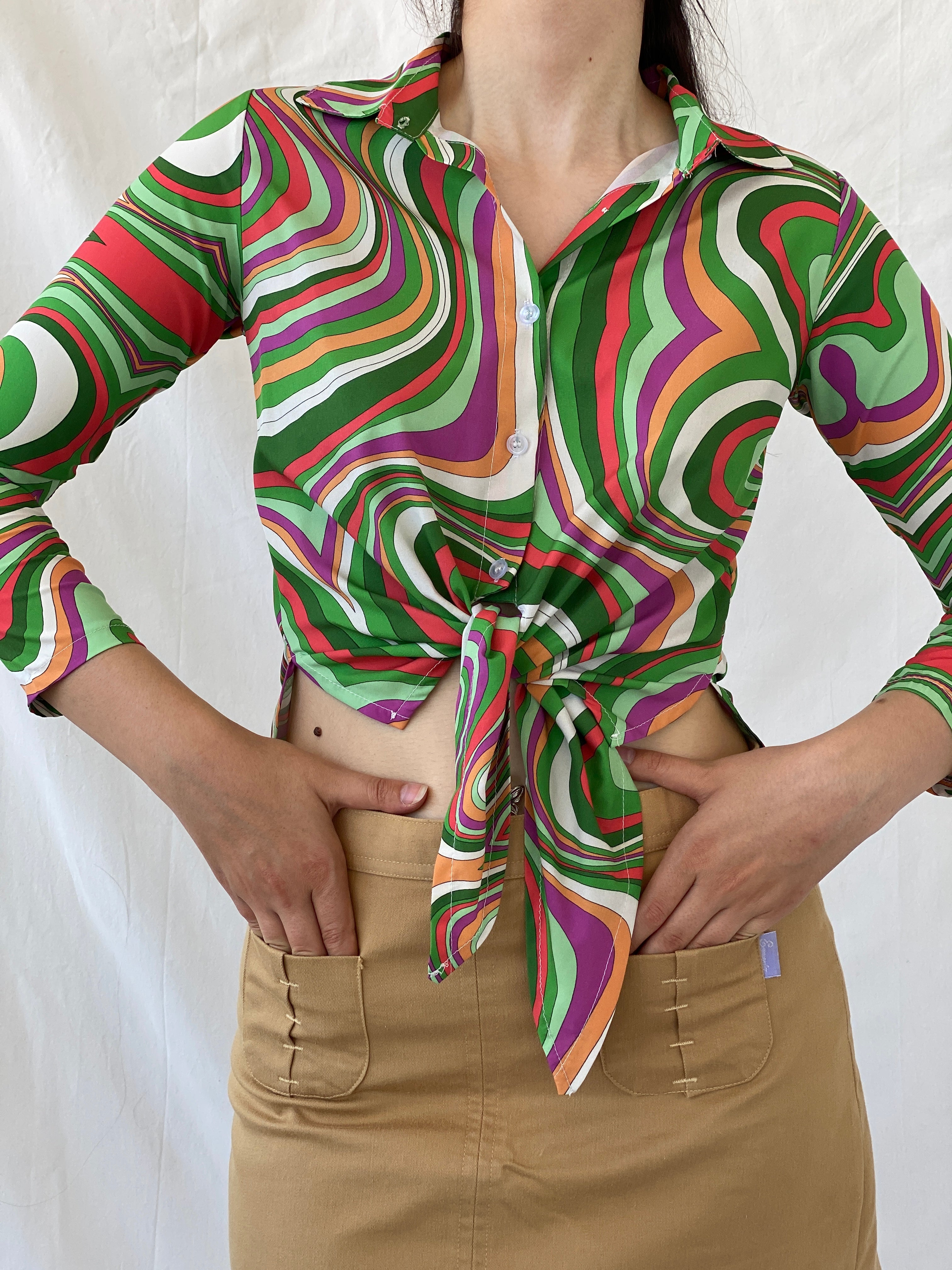 Vintage Psychedelic Print Shirt 70s Style Swirl Tie Front Blouse - M