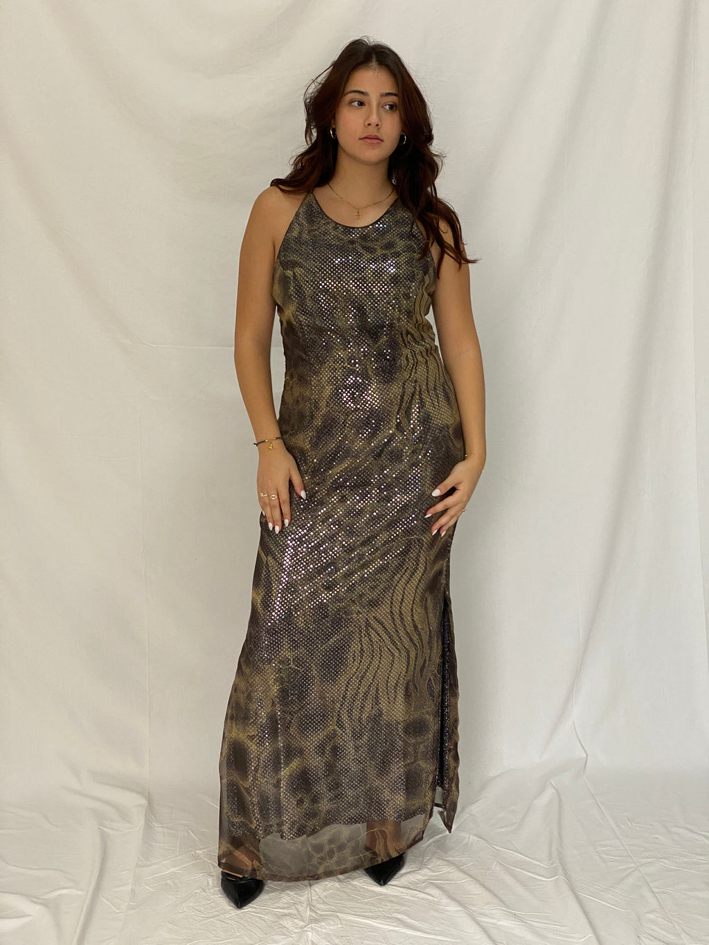 Vintage Betsy & Adam Metallic Animal Print Maxi Gown Sequin Mesh Overlay 90s Y2K Evening Dress - L