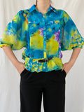 Vintage 90s Follow Me Floral Blue Puff Sleeve Elastic Waist Blouse - M