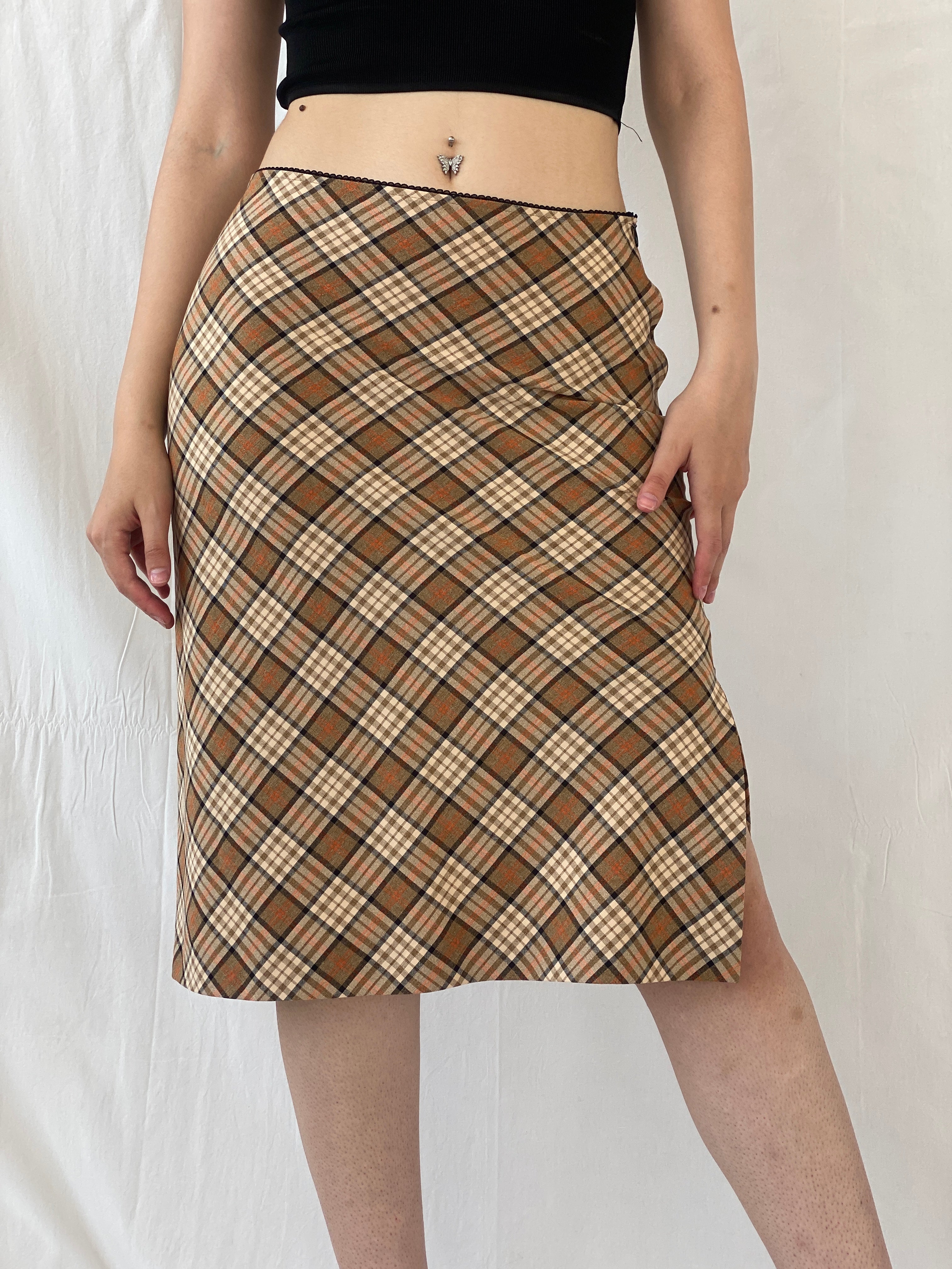 Y2K Kookai Beige Plaid Tartan Check Midi Skirt - M