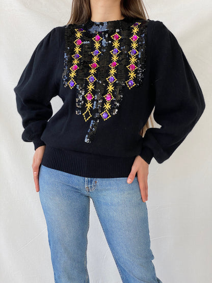 Vintage 80s Bonnie and Bill by Holly Black Beaded Sequin Sweater - L