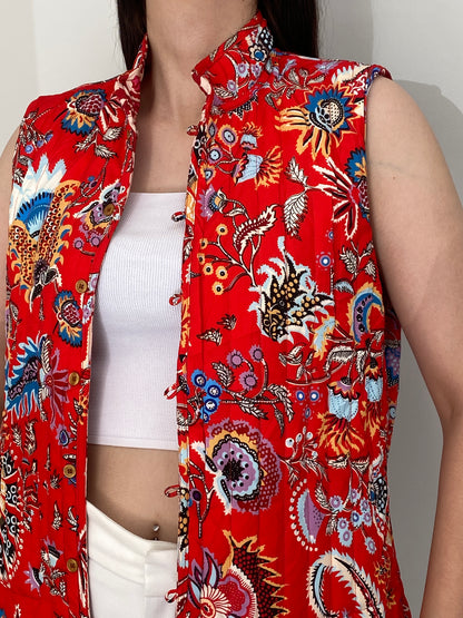 Vintage Reversible Red Floral Quilted Boho Vest – M