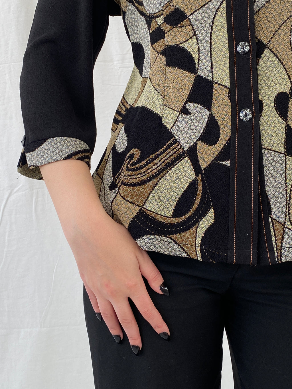 Vintage Telihuang Black and Beige Women’s Abstract Design Shimmery Buttoned Shirt - XL